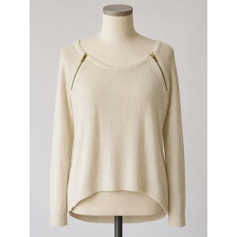 Bisou Bisou Michele Bohbot Gold Metallic Knit Sweater Zipper Shoulder Cream L